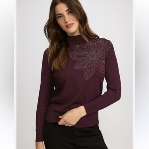 Laura Floral Rhinestone Pullover Sweater Porto Burgundy